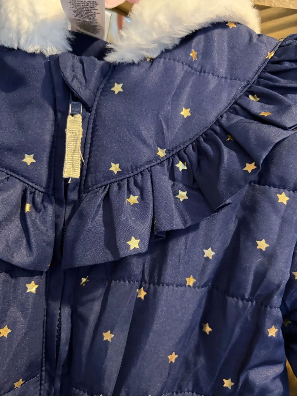 Carters Little Me Navy Gold Star White Faux Fur Ruffle Puffer Coat 24 Months
